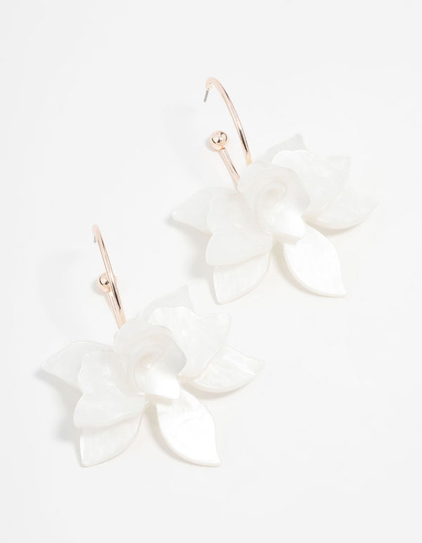 Rose Gold White Marble Flower Hoop Earrings