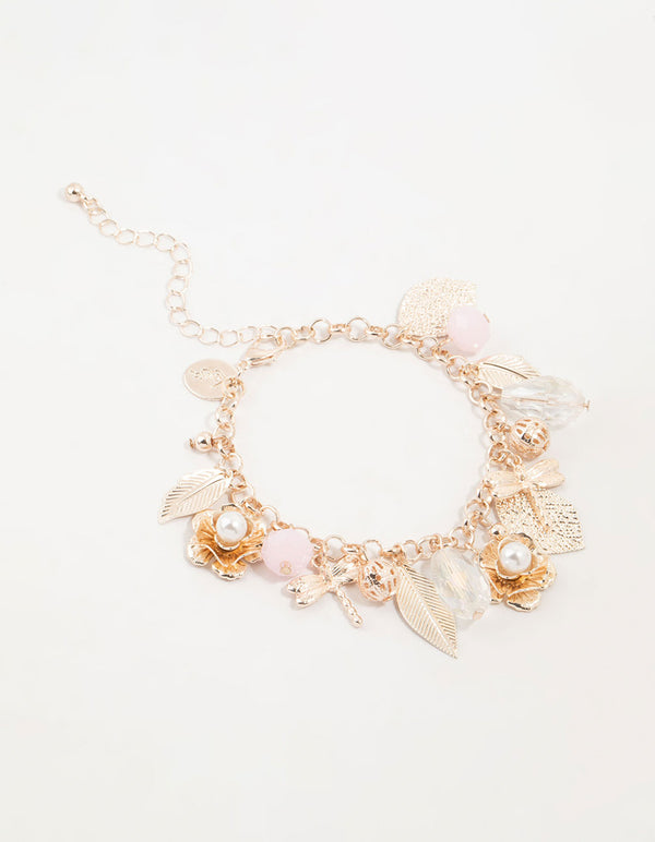 Rose Gold Dragonfly & Flower Charm Bracelet