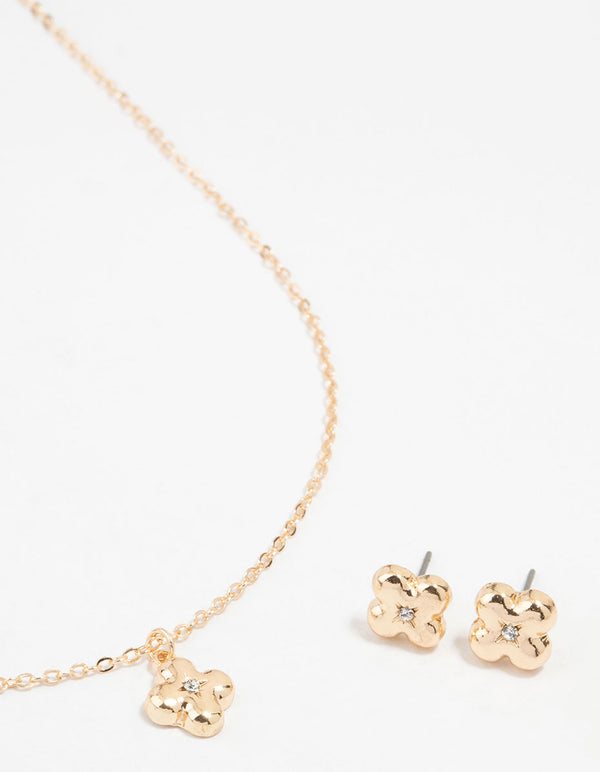 Gold Bubble Cross Necklace and Earrings Set