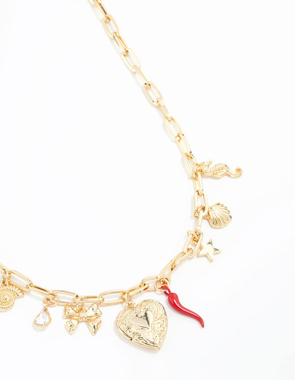 Gold Plated Heart Locket & Seahorse Charm Necklace