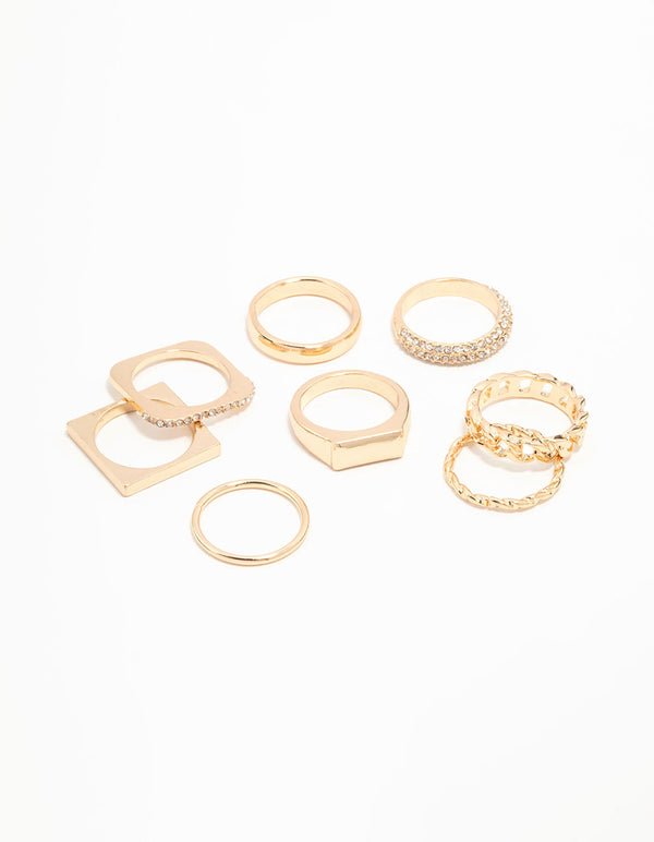 Gold Diamante Square Stacking Rings 8-Pack