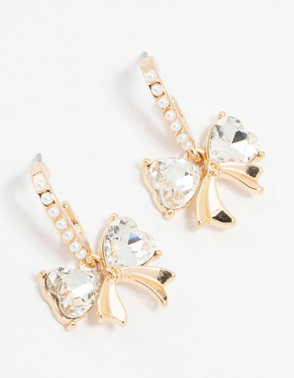 Gold Pearl Diamante Bow Hoop Earrings