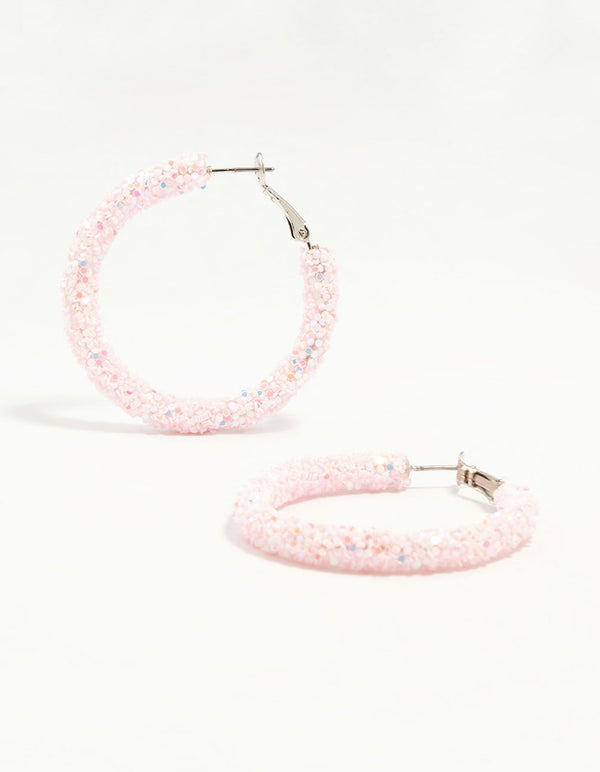 Silver Pink Glitter Hoop Earrings