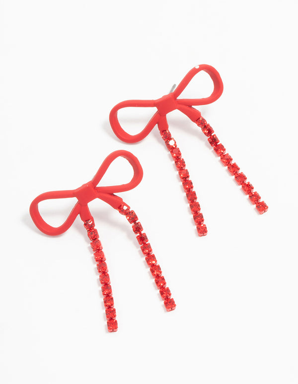 Red Coated Metal Bow Diamante Drop Earrings