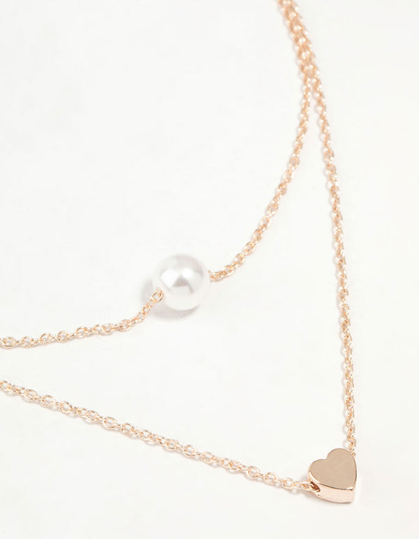 Rose Gold  Pearl Heart Layered Necklace