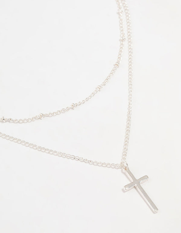 Silver Ball Chain Cross Layered Necklace