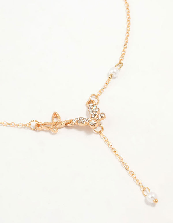 Gold Diamante Pearl Butterfly Y-Necklace