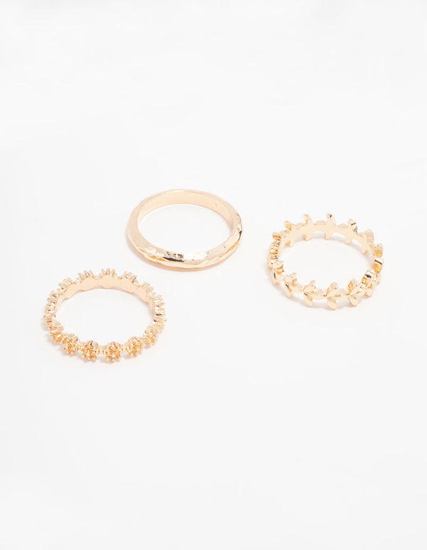 Gold Flower Vine Stacking Rings 3-Pack