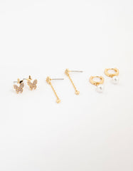 Gold Plated Cubic Zirconia Pearl & Butterfly Earrings 3-Pack
