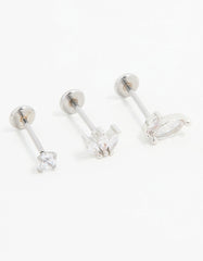 Surgical Steel Fan Double Cubic Zirconia Flat Back Studs 3-Pack