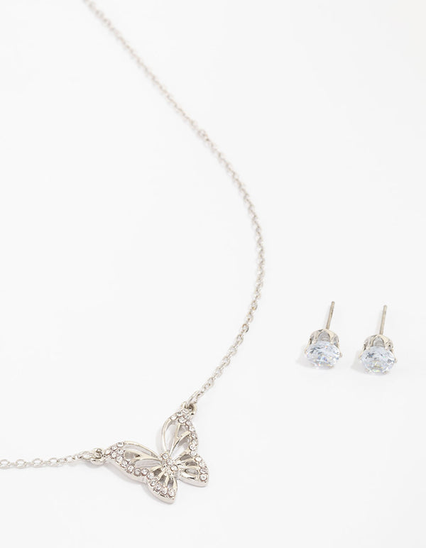 Silver Cubic Zirconia Butterfly Necklace & Stud Earrings Necklace & Stud Earrings Set