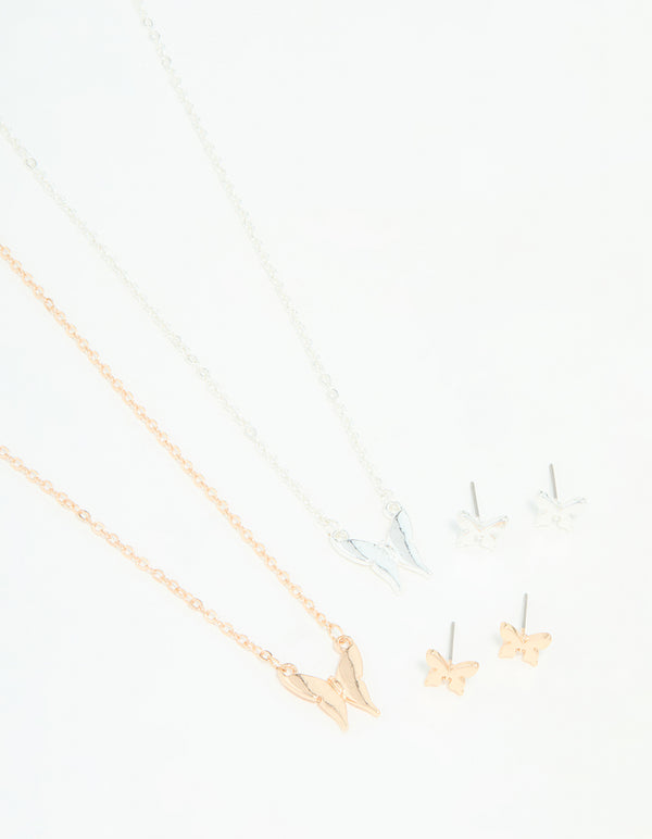 Mixed Metals Butterfly Necklace & Earrings Set