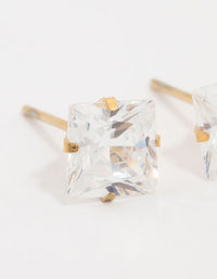 Waterproof Gold Plated Stainless Steel Princess Cut Cubic Zirconia Stud Earrings - link has visual effect only