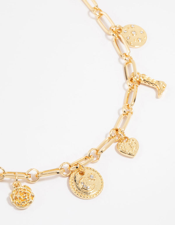 Gold Plated Moon & Boot Charm Necklace