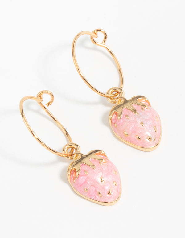 Gold Pink Strawberry Hoop Earrings