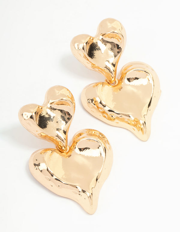 Gold Double Heart Drop Earrings