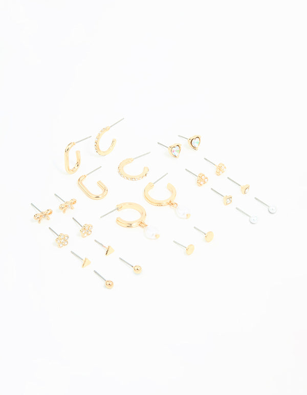 Gold Bow Flower Hoop & Stud Earrings 12-Pack