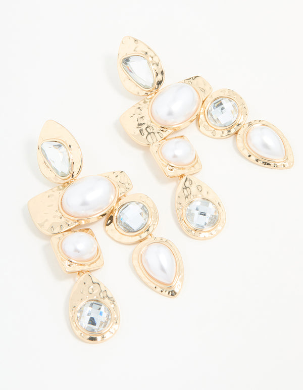 Gold Diamante Pearl Molten Drop Earrings