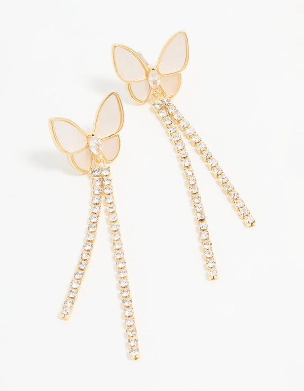 Gold Plated Mother Of Pearl Butterfly Cupchain Earrings