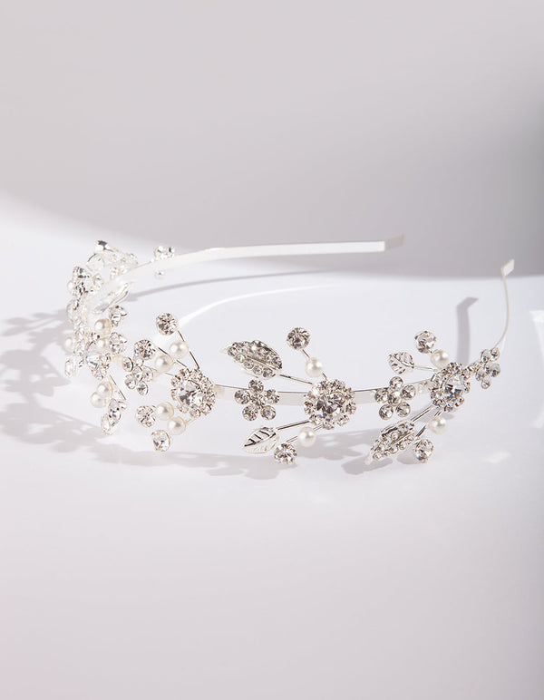 Silver Fine Floral Pearl Headband