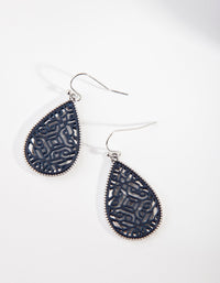 Gunmetal Blue Pattern Teardrop Earrings - link has visual effect only