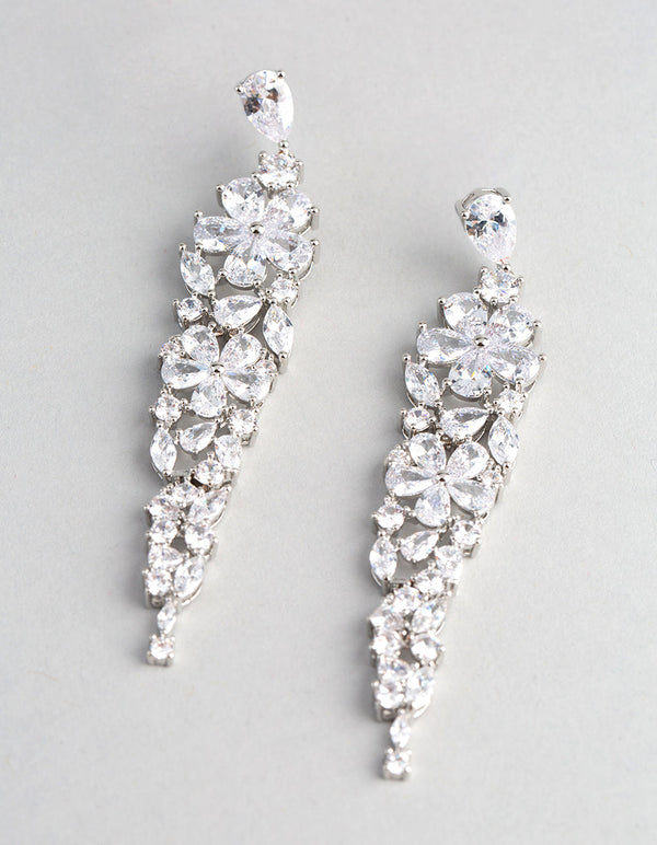 Rhodium Cubic Zirconia Statement Flower Drop Earrings