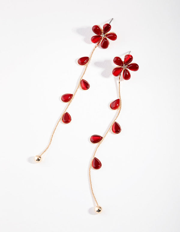 Gold & Red Flower Vine Drape Earrings