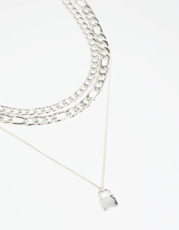 Silver Padlock Layered Necklace