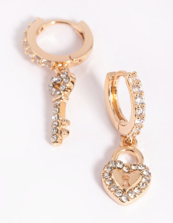 Gold Diamante Heart & Key Huggie Hoop Earrings