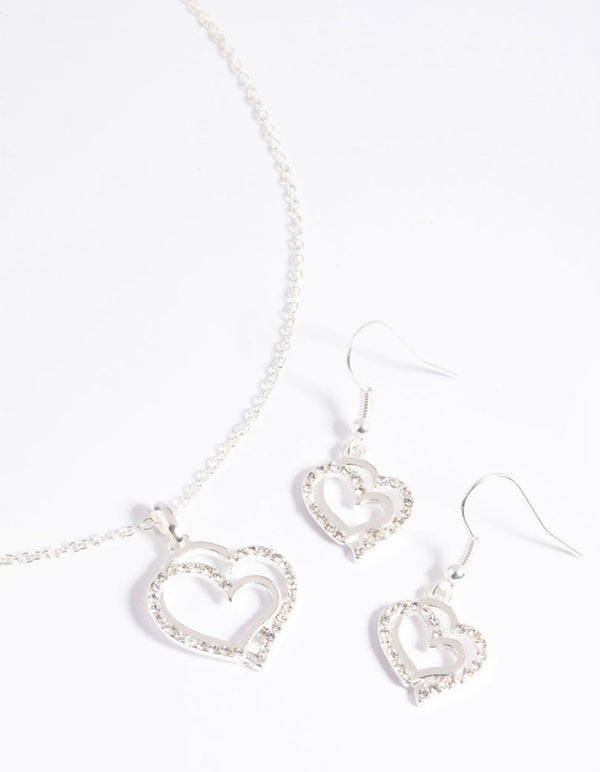 Silver Diamante Heart Necklace & Earrings Set