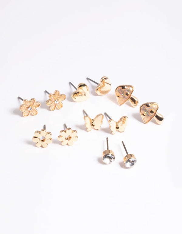 Kids Gold Glitter Mushroom Stud 6-Pack