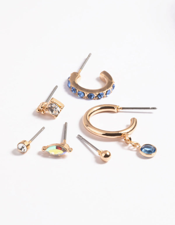 Gold Blue Diamante Earrings 6-Pack