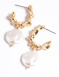 Worn Gold Twist Hoop Pearl Drop Earrings - link has visual effect only