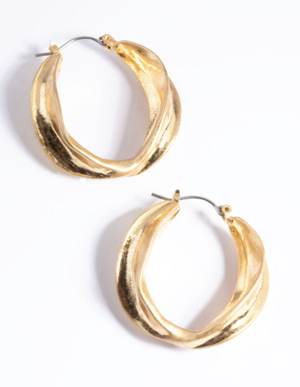 Worn Gold Textured Twist Hoop Earrings