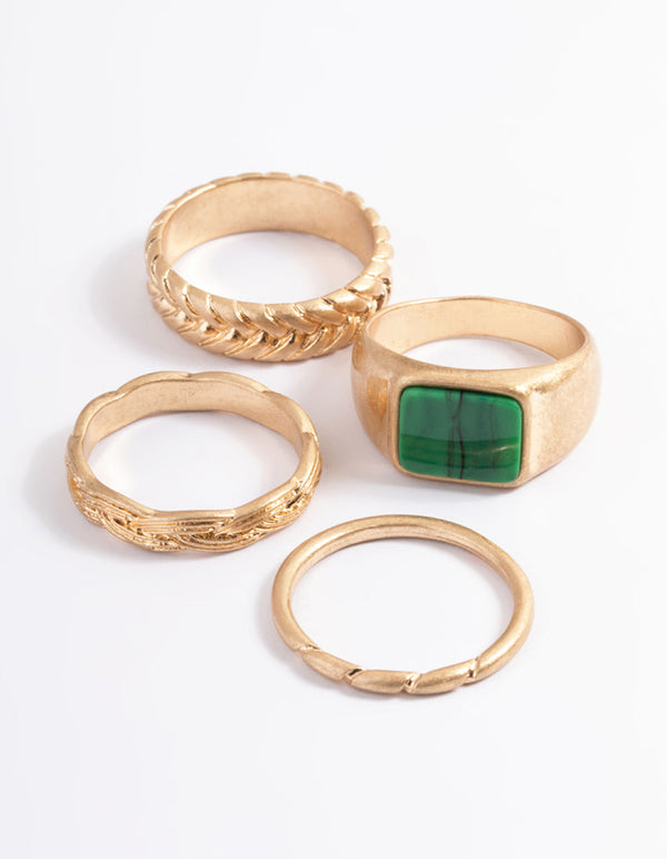 Worn Gold Square & Mix Band Ring Pack