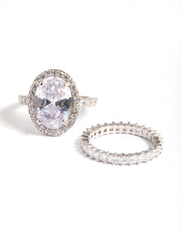 Diamond Simulant Rhodium Large Oval Halo Ring Pack - link has visual effect only