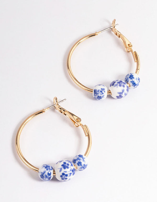 Blue Ceramic Bead Hoop Earrings