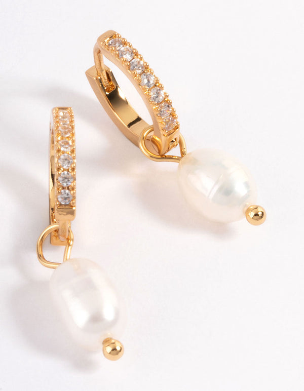 Gold Plated Stainless Steel Diamante Freshwater Pearl Drop Huggie Earrings