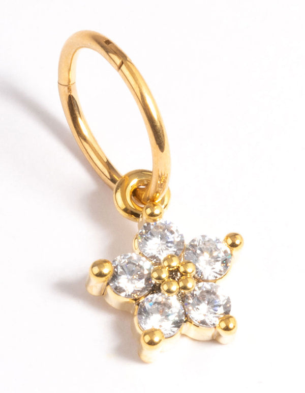Gold Plated Titanium Cubic Zirconia Five Petal Flower Clicker Ring