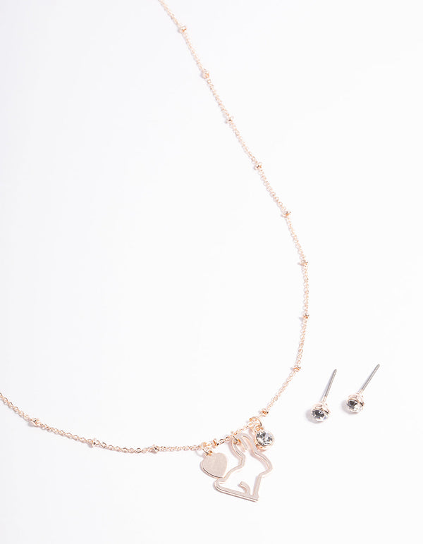 Rose Gold Bunny Diamante Necklace & Stud Earrings