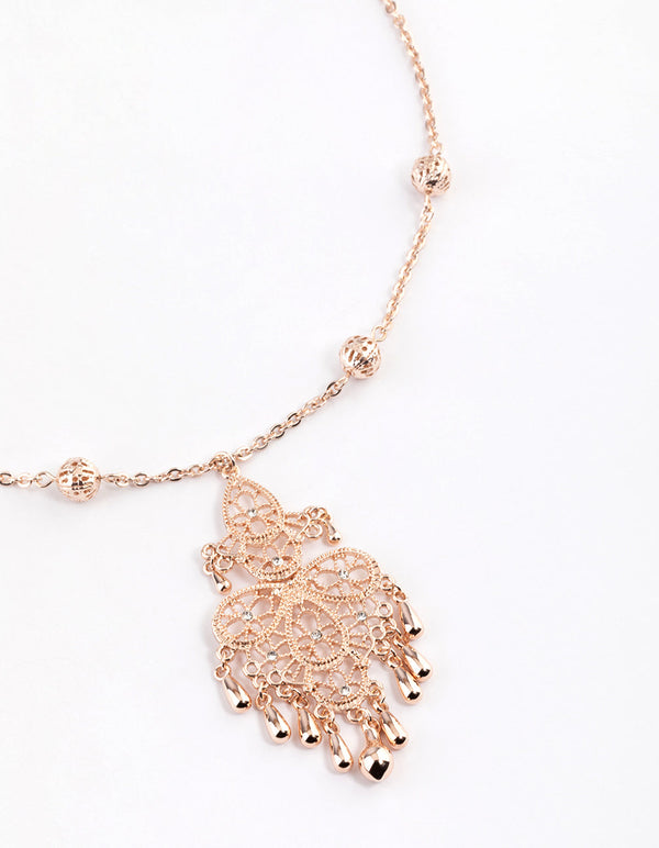 Rose Gold Long Chain Filigree Diamante Necklace