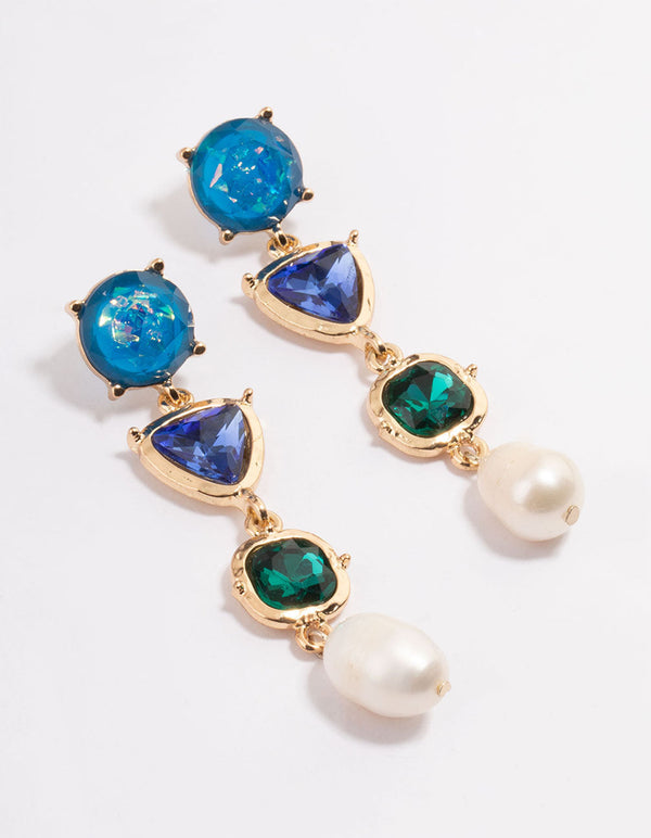 Gold Mixed Organic Blue Stone Pearl Drop Earrings