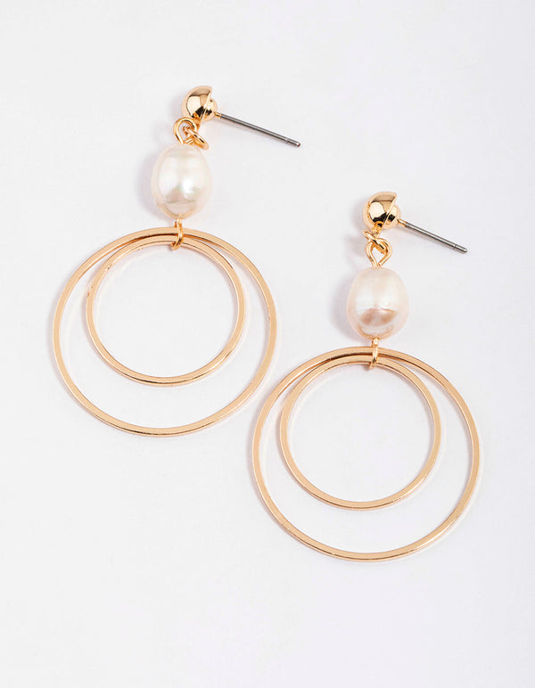 Gold Freshwater pearl Open Circle Drop Earrings