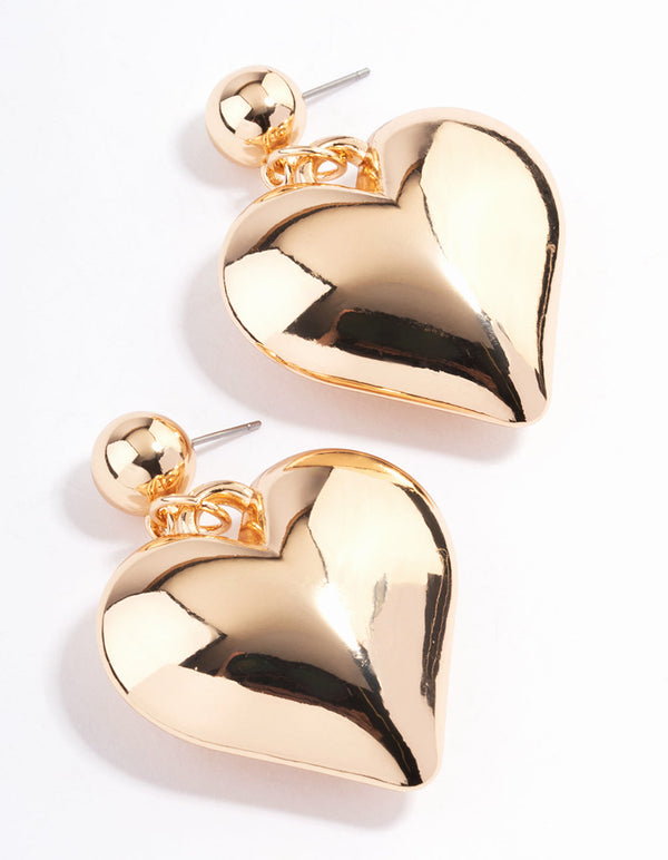 Gold Big Puffy Heart Drop Earrings