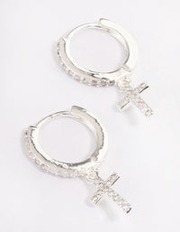 Silver Plated Cubic Zirconia Cross Drop Huggie Earrings - link has visual effect only