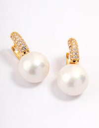 Gold Plated Large Pearl Drop Cubic Zirconia Huggie Earrings - link has visual effect only