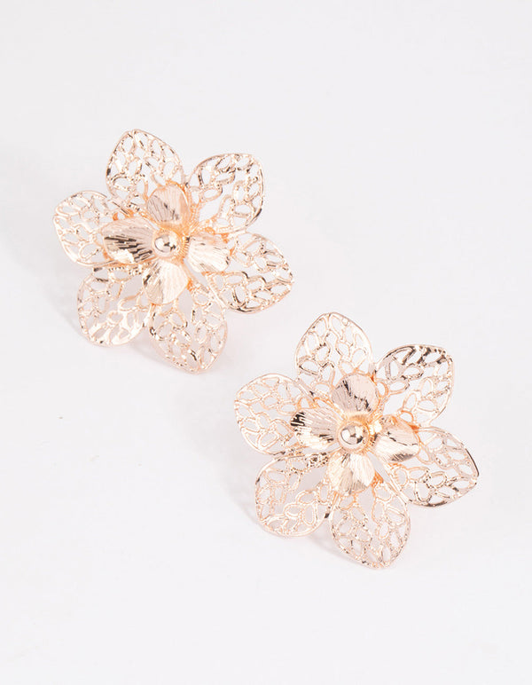 Rose Gold Filigree Flower Stud Earrings