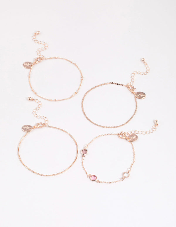 Rose Gold Mixed Box Chain Diamante Bracelet & Anklet 4-Pack