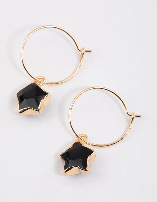 Gold Black Onyx Mini Star Hoop Earrings