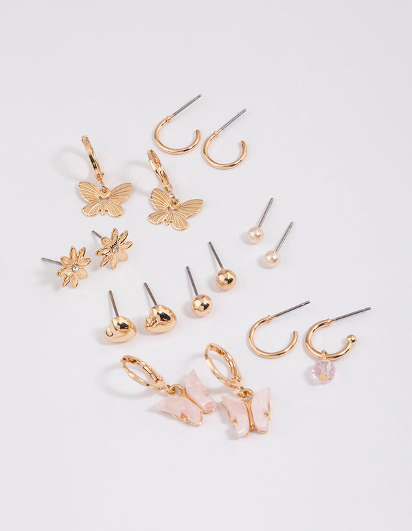 Gold Butterfly Motif Stud & Hoop Earrings 8-Pack